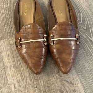 Chelsie Brown Crocodile Embossed Pointed-Toe Loafer Slides